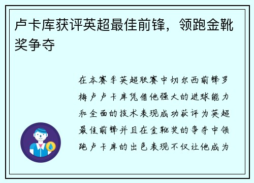卢卡库获评英超最佳前锋，领跑金靴奖争夺