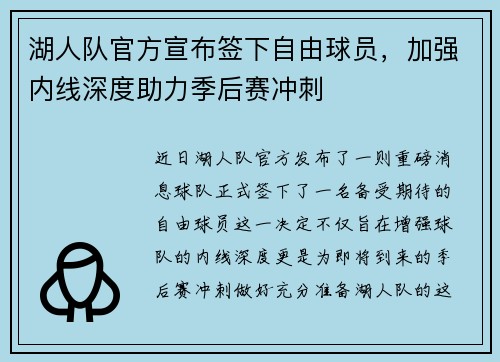 湖人队官方宣布签下自由球员，加强内线深度助力季后赛冲刺